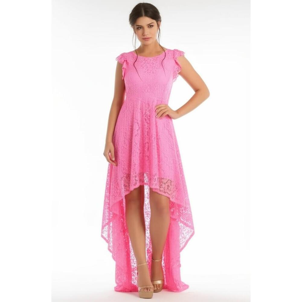 Pink Womens High Low Dress Elegant Laceโ Overlay Romantic Feminine